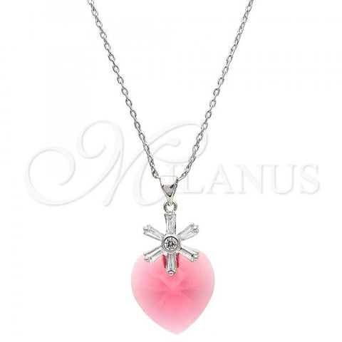 Rhodium Plated Pendant Necklace, Heart and Flower Design, with Padparadscha Swarovski Crystals and White Cubic Zirconia, Polished, Rhodium Finish, 04.239.0019.3.16