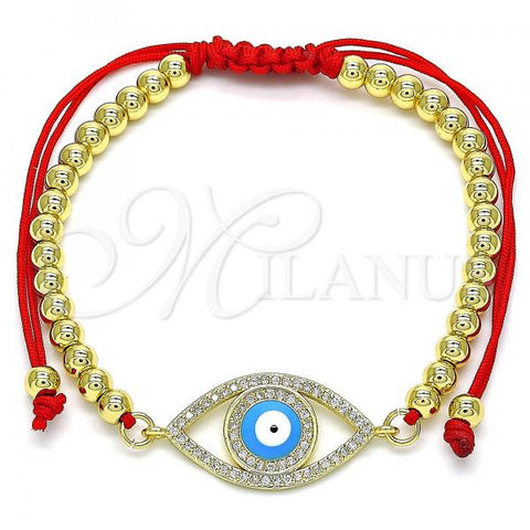 Oro Laminado Adjustable Bolo Bracelet, Gold Filled Style Evil Eye and Ball Design, with White Micro Pave, Turquoise Enamel Finish, Golden Finish, 03.341.0096.11