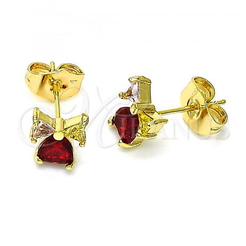 Oro Laminado Stud Earring, Gold Filled Style Heart and Bow Design, with Multicolor Cubic Zirconia, Polished, Golden Finish, 02.310.0075