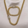 Stainless Steel Necklace and Bracelet, Miami Cuban Design, with White Crystal, Polished, Golden Finish, 06.116.0048