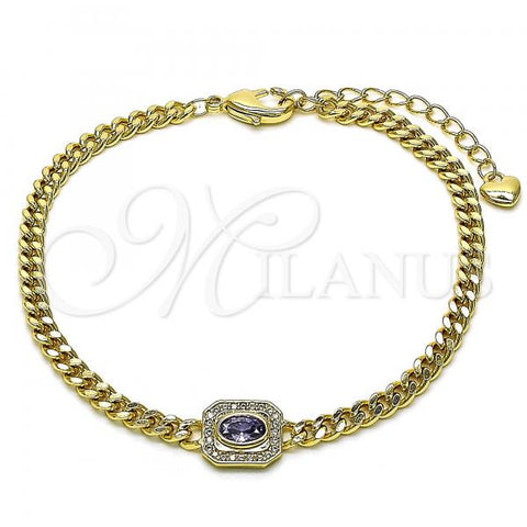 Oro Laminado Fancy Bracelet, Gold Filled Style Miami Cuban Design, with Amethyst Cubic Zirconia and White Micro Pave, Polished, Golden Finish, 03.213.0162.4.07
