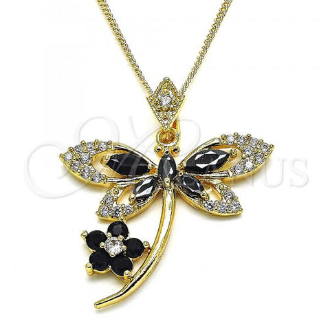 Oro Laminado Pendant Necklace, Gold Filled Style Dragon-Fly and Flower Design, with Black and White Cubic Zirconia, Polished, Golden Finish, 04.283.0014.1.20