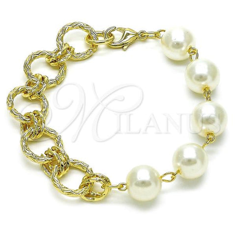 Oro Laminado Fancy Bracelet, Gold Filled Style Chunky and Twist Design, with Ivory Pearl, Diamond Cutting Finish, Golden Finish, 03.331.0276.08