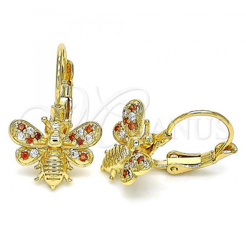 Oro Laminado Leverback Earring, Gold Filled Style Bee Design, with Garnet and White Micro Pave, Polished, Golden Finish, 02.210.0378.1