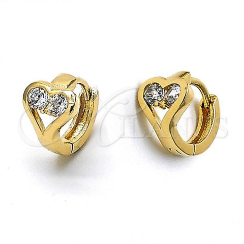 Oro Laminado Huggie Hoop, Gold Filled Style Heart Design, with White Cubic Zirconia, Polished, Golden Finish, 5.131.027