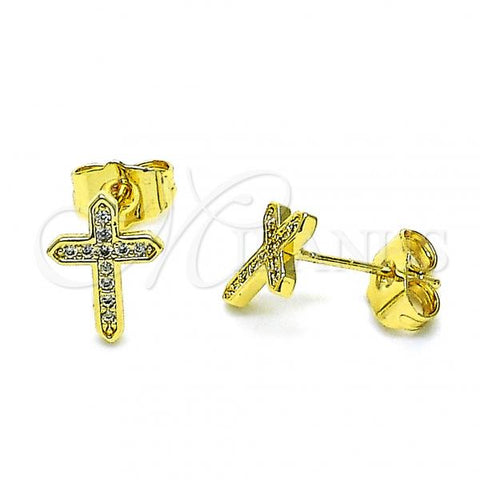 Oro Laminado Stud Earring, Gold Filled Style Cross Design, with White Micro Pave, Polished, Golden Finish, 02.344.0110.1
