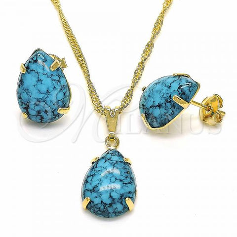 Oro Laminado Earring and Pendant Adult Set, Gold Filled Style Teardrop Design, with Turquoise Cubic Zirconia, Polished, Golden Finish, 10.09.0039.3.18