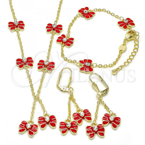 Oro Laminado Earring and Pendant Children Set, Gold Filled Style Butterfly Design, with White Crystal, Red Enamel Finish, Golden Finish, 06.60.0004.3
