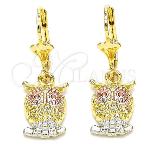 Oro Laminado Dangle Earring, Gold Filled Style Owl Design, Polished, Tricolor, 02.351.0004