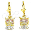 Oro Laminado Dangle Earring, Gold Filled Style Owl Design, Polished, Tricolor, 02.351.0004
