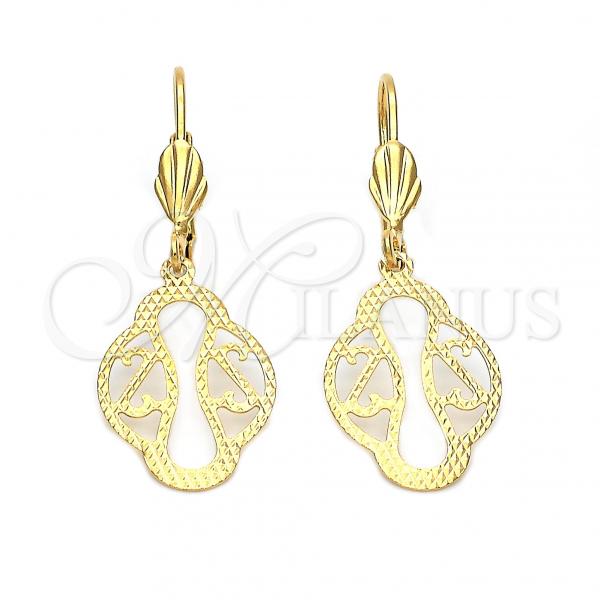Oro Laminado Dangle Earring, Gold Filled Style Leaf Design, Diamond Cutting Finish, Golden Finish, 5.121.017