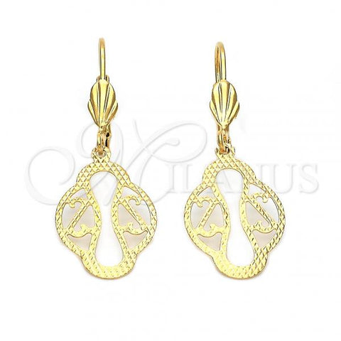 Oro Laminado Dangle Earring, Gold Filled Style Leaf Design, Diamond Cutting Finish, Golden Finish, 5.121.017