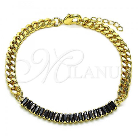 Oro Laminado Fancy Bracelet, Gold Filled Style Miami Cuban Design, with Black Cubic Zirconia, Polished, Golden Finish, 03.130.0010.4.07
