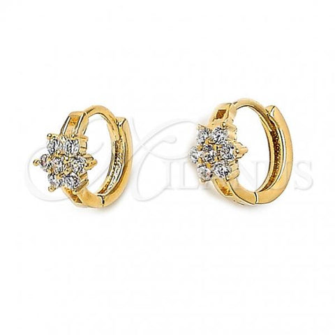 Oro Laminado Huggie Hoop, Gold Filled Style Flower Design, with White Cubic Zirconia, Polished, Golden Finish, 5.131.017