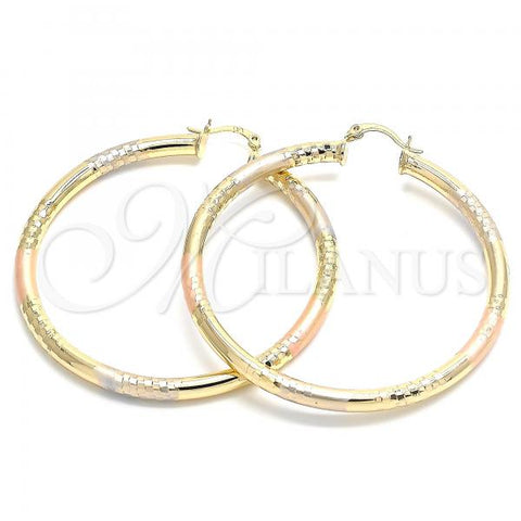 Oro Laminado Large Hoop, Gold Filled Style Hollow Design, Diamond Cutting Finish, Tricolor, 02.170.0262.1.60