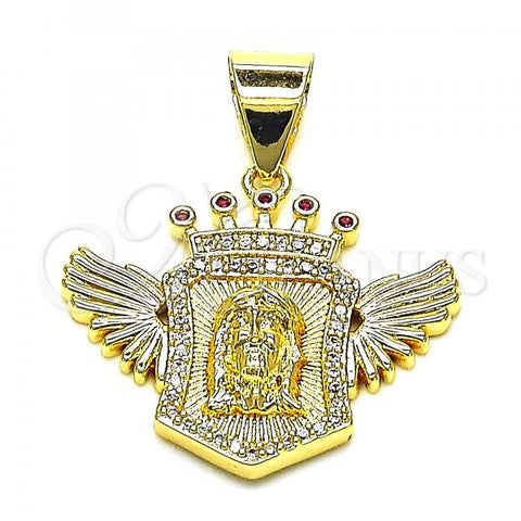 Oro Laminado Religious Pendant, Gold Filled Style Jesus and Wings Design, with White Micro Pave and Ruby Cubic Zirconia, Polished, Golden Finish, 05.342.0149