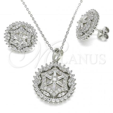 Sterling Silver Earring and Pendant Adult Set, Flower Design, with White Cubic Zirconia, Polished, Rhodium Finish, 10.286.0036