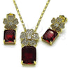 Oro Laminado Earring and Pendant Adult Set, Gold Filled Style Flower Design, with Garnet Cubic Zirconia and White Micro Pave, Polished, Golden Finish, 10.196.0190.4