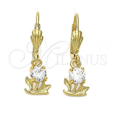 Oro Laminado Dangle Earring, Gold Filled Style Flower and Leaf Design, with White Cubic Zirconia, Diamond Cutting Finish, Golden Finish, 5.027.014