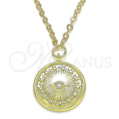 Oro Laminado Pendant Necklace, Gold Filled Style Evil Eye and Star Design, with White Micro Pave, Polished, Golden Finish, 04.313.0053.18