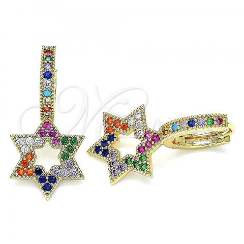 Oro Laminado Huggie Hoop, Gold Filled Style Star of David Design, with Multicolor Micro Pave, Polished, Golden Finish, 02.210.0472.6.15