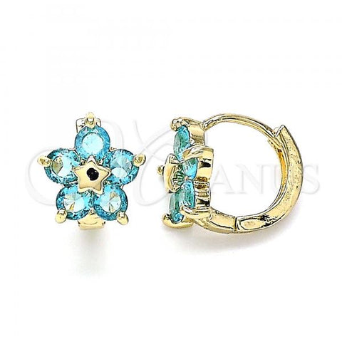 Oro Laminado Huggie Hoop, Gold Filled Style Flower and Star Design, with Blue Topaz Cubic Zirconia, Polished, Golden Finish, 02.210.0611.1.12