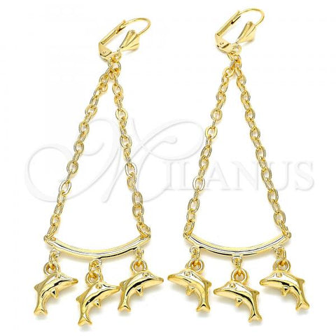 Oro Laminado Long Earring, Gold Filled Style Dolphin and Rolo Design, Polished, Golden Finish, 02.32.0550