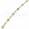 Oro Laminado Fancy Anklet, Gold Filled Style Evil Eye and Heart Design, Multicolor Resin Finish, Golden Finish, 03.326.0008.10