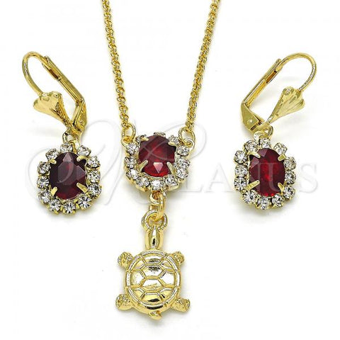 Oro Laminado Earring and Pendant Adult Set, Gold Filled Style Turtle Design, with Garnet and White Crystal, Polished, Golden Finish, 10.122.0010
