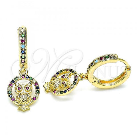 Oro Laminado Huggie Hoop, Gold Filled Style Owl Design, with Multicolor Micro Pave, Polished, Golden Finish, 02.316.0075.15