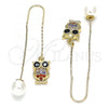 Oro Laminado Threader Earring, Gold Filled Style Owl Design, with Multicolor Micro Pave, Polished, Golden Finish, 02.210.0347.1