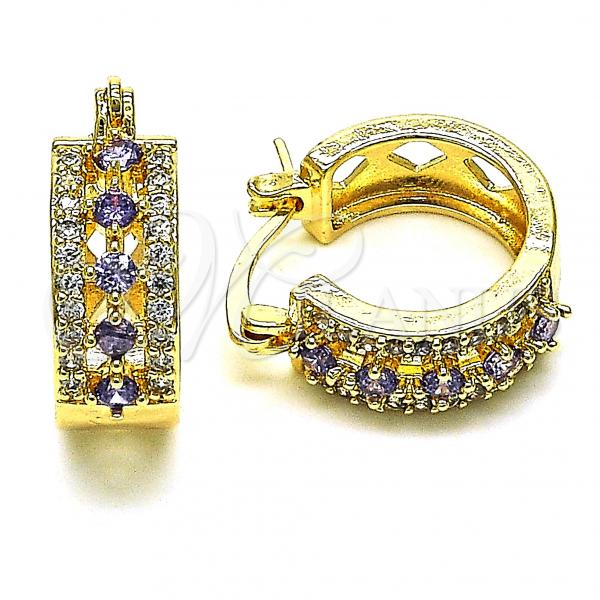 Oro Laminado Small Hoop, Gold Filled Style with Amethyst and White Cubic Zirconia, Polished, Golden Finish, 02.210.0269.11.15