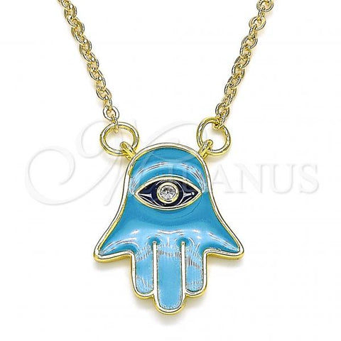 Oro Laminado Pendant Necklace, Gold Filled Style Hand of God Design, with White Cubic Zirconia, Turquoise Enamel Finish, Golden Finish, 04.313.0032.18