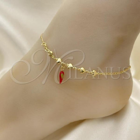 Oro Laminado Charm Anklet , Gold Filled Style Miami Cuban and Chili Design, Polished, Golden Finish, 03.32.0602.10