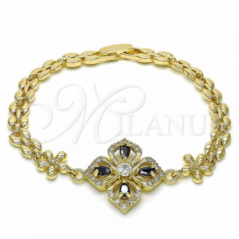 Oro Laminado Fancy Bracelet, Gold Filled Style Flower and Teardrop Design, with Black and White Cubic Zirconia, Polished, Golden Finish, 03.357.0007.3.07