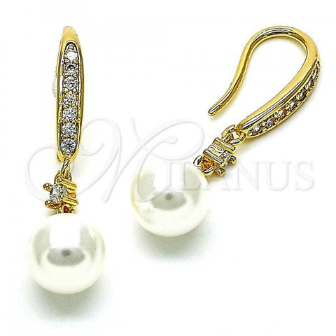 Oro Laminado Long Earring, Gold Filled Style with Ivory Pearl and White Micro Pave, Polished, Golden Finish, 02.387.0109
