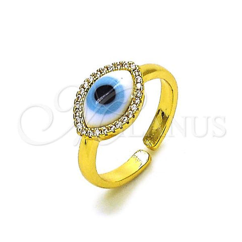 Oro Laminado Multi Stone Ring, Gold Filled Style Evil Eye Design, with White Crystal and White Micro Pave, Polished, Golden Finish, 01.341.0109.1
