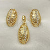 Oro Laminado Earring and Pendant Adult Set, Gold Filled Style Leaf and Greek Key Design, with White Crystal, Polished, Golden Finish, 10.59.0225
