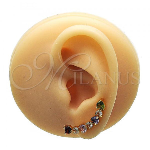 Oro Laminado Earcuff Earring, Gold Filled Style Heart Design, with Multicolor Cubic Zirconia, Polished, Golden Finish, 02.210.0703.1