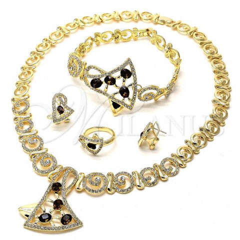 Oro Laminado Necklace, Bracelet, Earring and Ring, Gold Filled Style Spiral Design, with Brown and White Crystal, Polished, Golden Finish, 06.59.0067