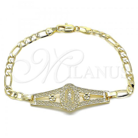 Oro Laminado Fancy Bracelet, Gold Filled Style Guadalupe and Flower Design, Polished, Golden Finish, 03.351.0090.08