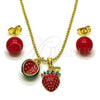 Oro Laminado Necklace and Earring, Gold Filled Style Strawberry Design, Red Enamel Finish, Golden Finish, 06.417.0020