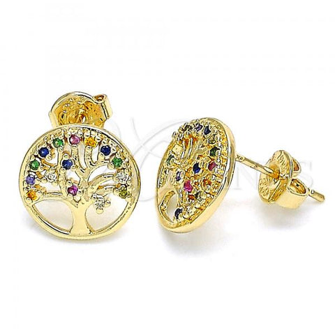Oro Laminado Stud Earring, Gold Filled Style Tree Design, with Multicolor Micro Pave, Polished, Golden Finish, 02.156.0450.1
