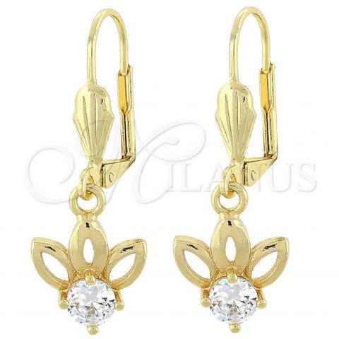 Oro Laminado Dangle Earring, Gold Filled Style Flower Design, with White Cubic Zirconia, Polished, Golden Finish, 02.63.2456