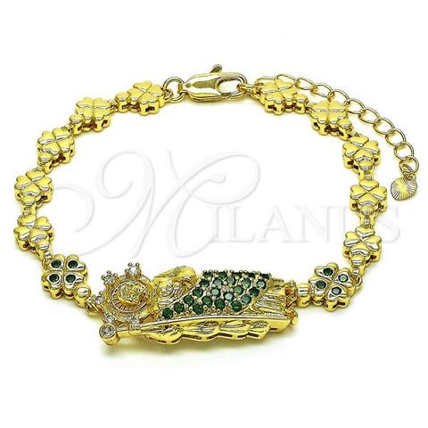 Oro Laminado Solid Bracelet, Gold Filled Style San Judas and Four-leaf Clover Design, with Green and White Cubic Zirconia, Polished, Golden Finish, 03.411.0007.08