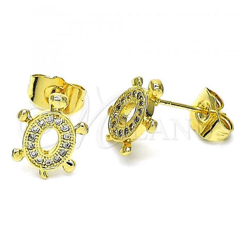 Oro Laminado Stud Earring, Gold Filled Style Turtle Design, with White Micro Pave, Polished, Golden Finish, 02.284.0045.1