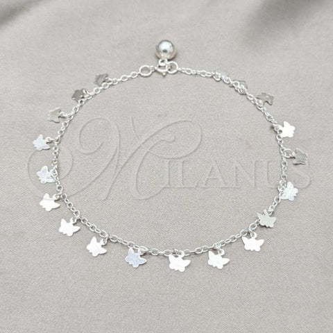 Sterling Silver Fancy Anklet, Butterfly Design, Polished, Silver Finish, 03.409.0067.10