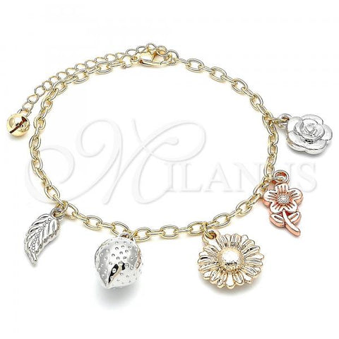 Oro Laminado Charm Anklet , Gold Filled Style Flower and Strawberry Design, Polished, Tricolor, 03.331.0062.10