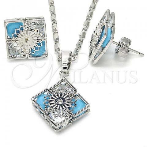 Rhodium Plated Earring and Pendant Adult Set, with Turquoise and White Cubic Zirconia, Polished, Rhodium Finish, 10.106.0018.3