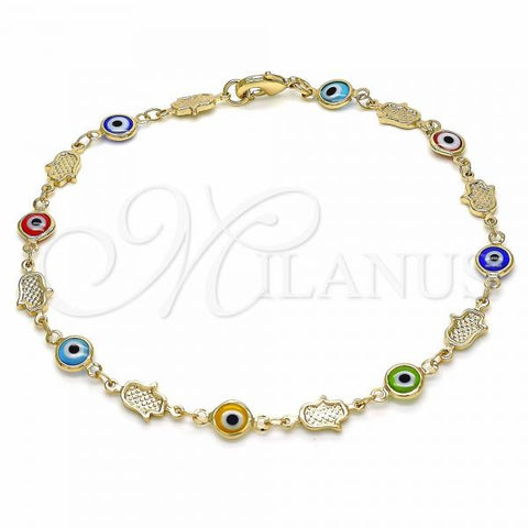 Oro Laminado Fancy Anklet, Gold Filled Style Evil Eye and Hand of God Design, Multicolor Resin Finish, Golden Finish, 03.326.0007.2.10